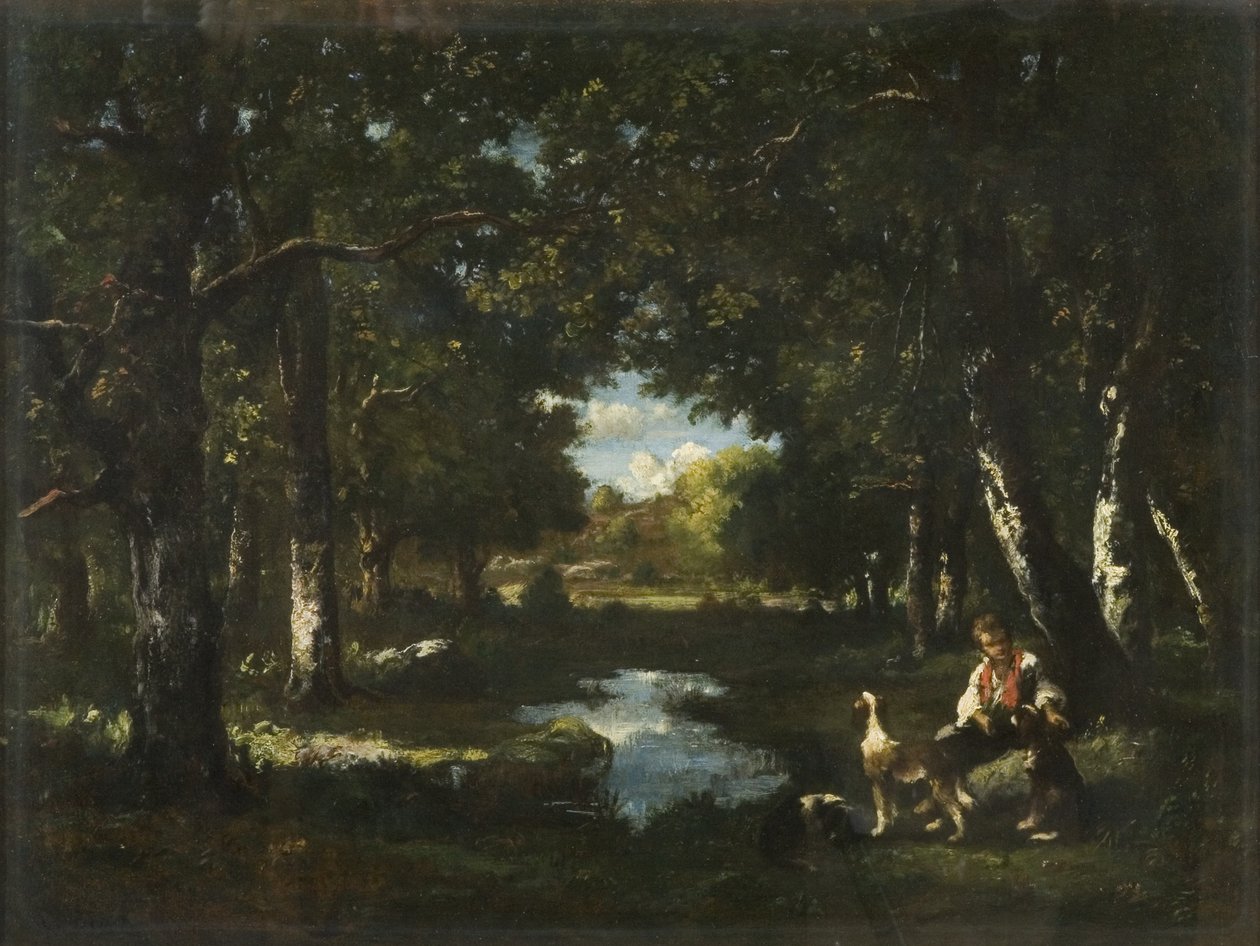 Mann und Hund ruhen sich in einer Waldlichtung aus von Narcisse Virgile Diaz de la Peña