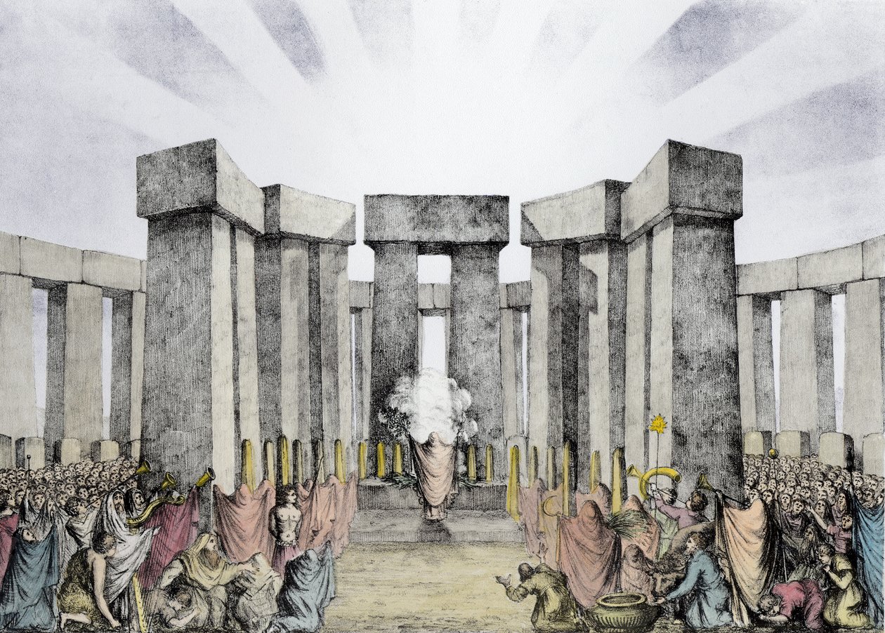 Druiden opfern der Sonne in ihrem Tempel namens Stonehenge, aus einem Plan von Stonehenge von Dr. Stukeley im Ashmolean Museum, Oxford, graviert und veröffentlicht vom Künstler von Nathaniel Whittock