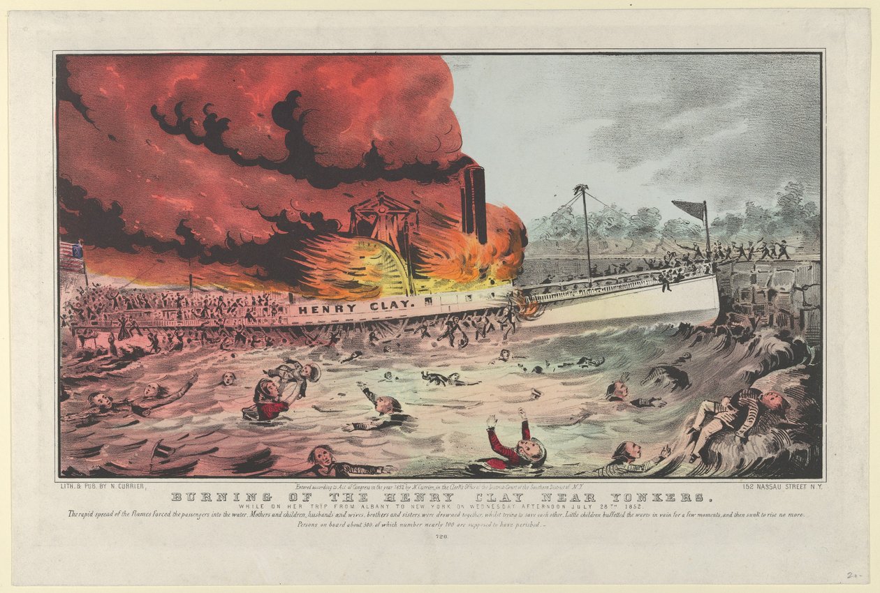 Brand der Henry Clay in der Nähe von Yonkers auf ihrer Reise von Albany nach New York am Mittwoch, 1852 von Nathaniel Currier