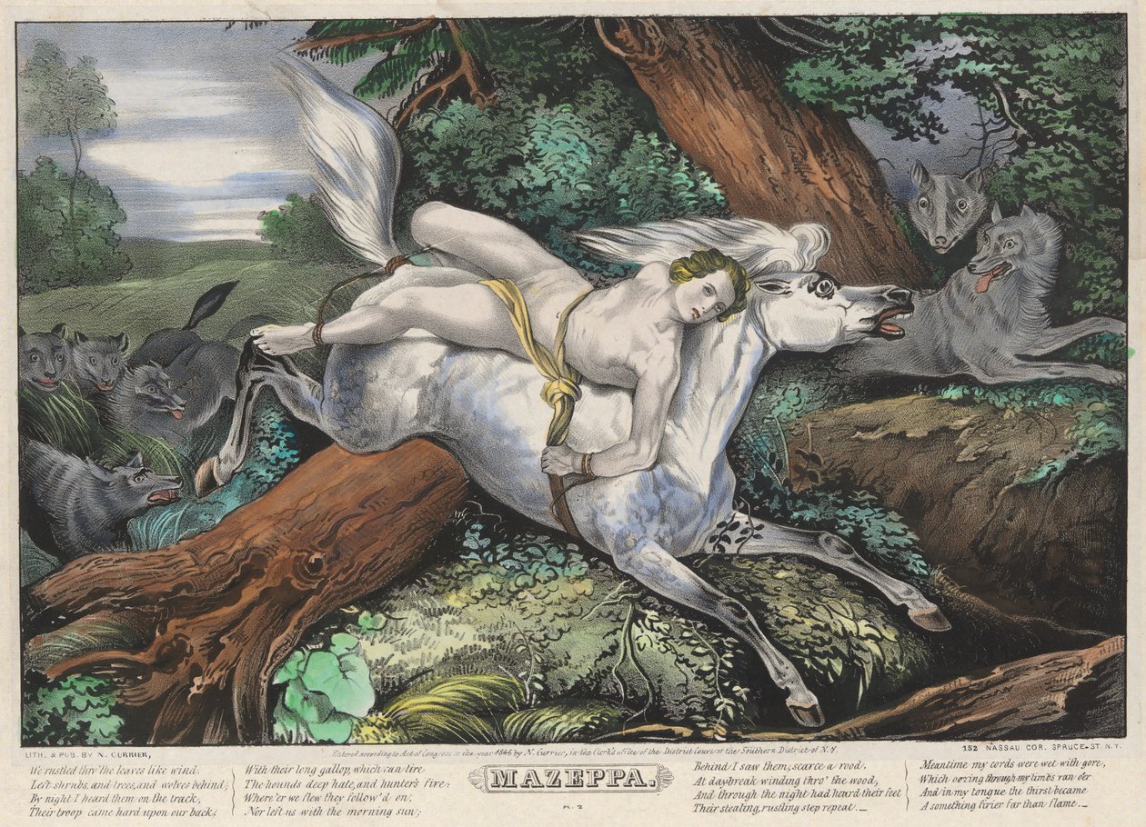 Mazeppa: Platte 2 aus einem Satz von vier Platten (Verfolgt von Wölfen) von Nathaniel Currier
