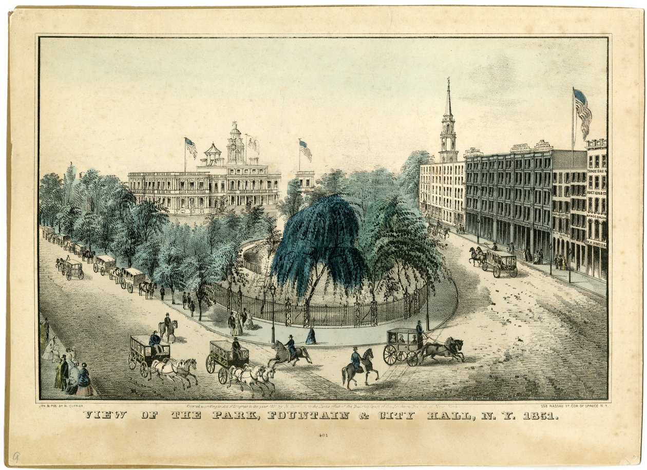 Blick auf den Park, Brunnen und Rathaus, N.Y. 1851 von Nathaniel Currier