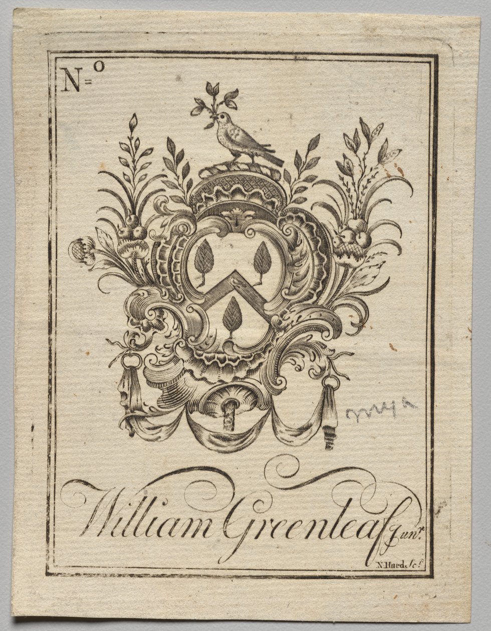 Exlibris: Wappen mit der Inschrift William Greenleaf Jun.r von Nathaniel Hurd