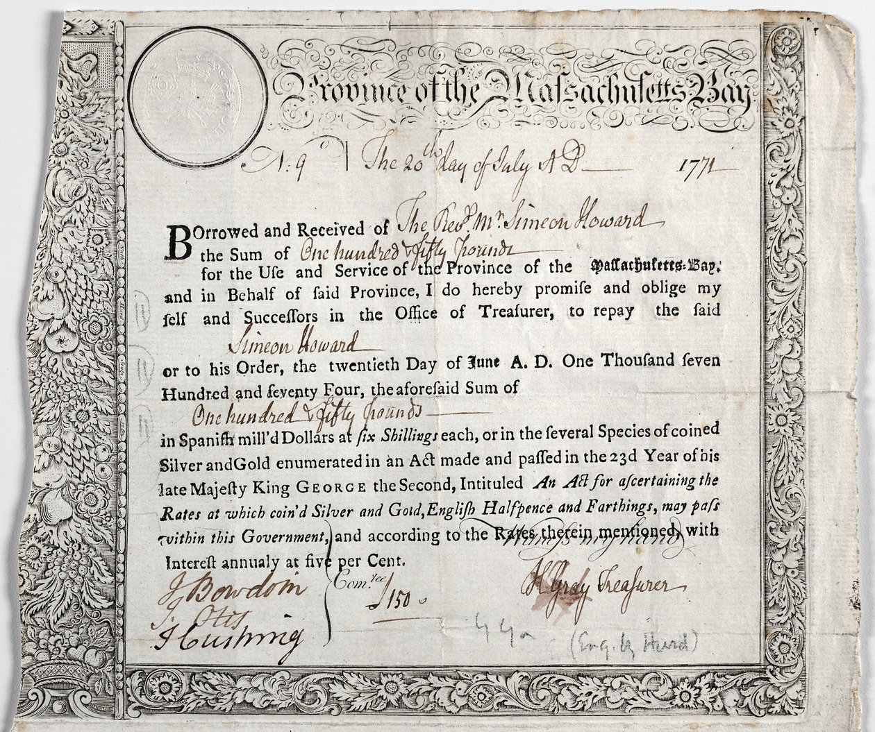 Darlehenszertifikat von Nathaniel Hurd