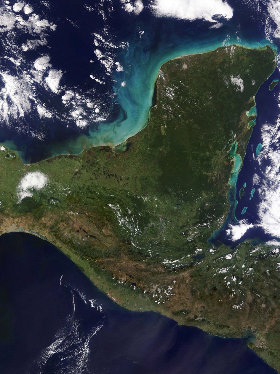 Yucatan-Halbinsel, südöstliches Mexiko, trennt den Golf von Mexiko vom Karibischen Meer, fotografiert vom Satelliten. Wissenschaft Geologie Ozeanographie von National Aeronautics and Space Administration National Aeronautics and Space Administration