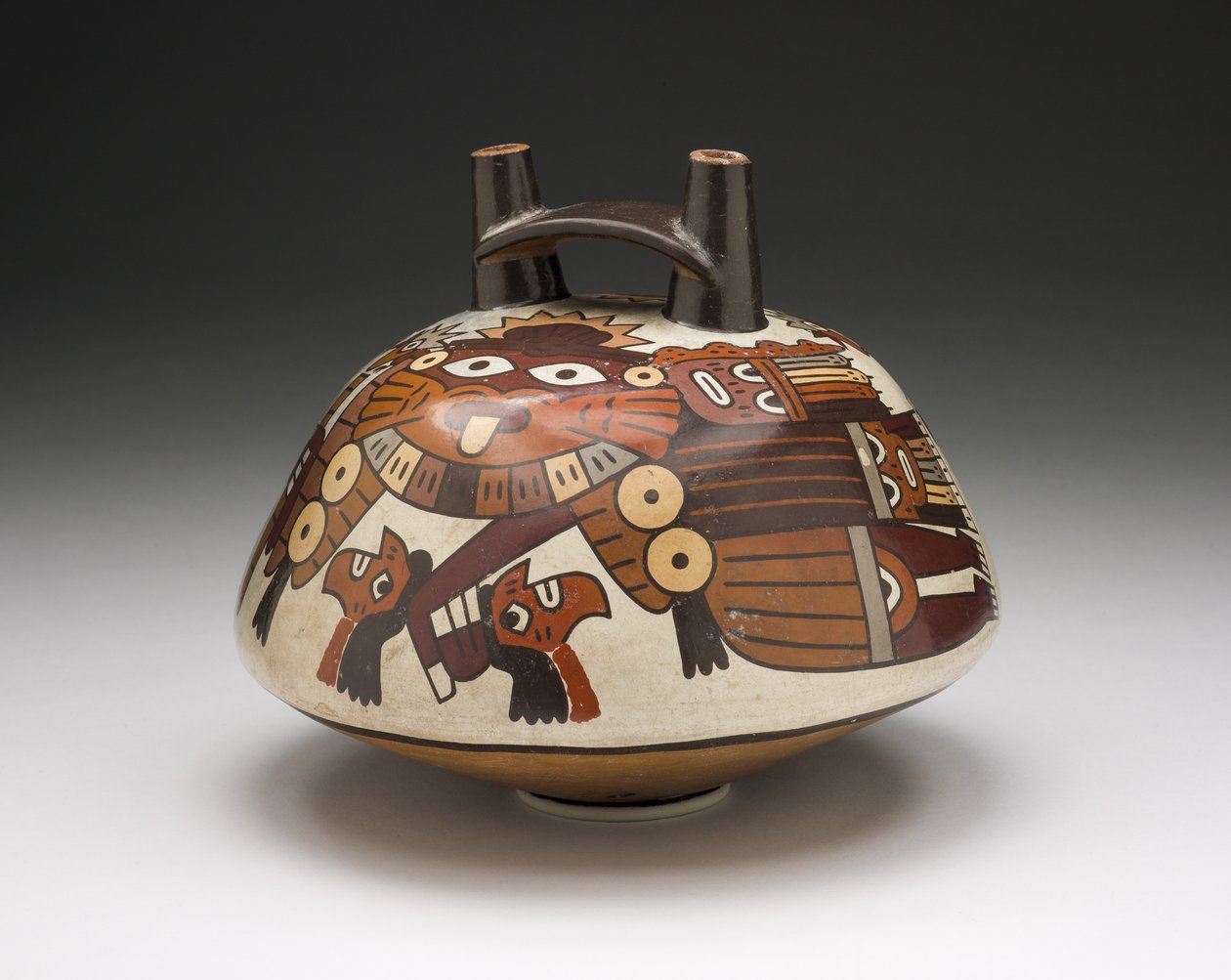 Gefäß, das einen maskierten Krieger zeigt, der Trophäenköpfe hält, 180 v. Chr.-500 n. Chr. von Nazca Culture