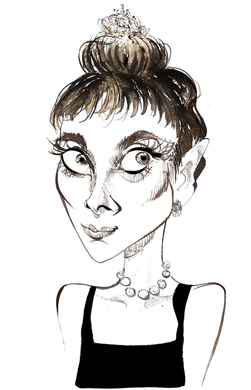 Audrey Hepburn (1929-1993), belgisch-amerikanische Schauspielerin, Farbkarikatur als Holly Golightly aus dem Film Frühstück bei Tiffany (1961, Regie: Blake Edwards) von Neale Osborne