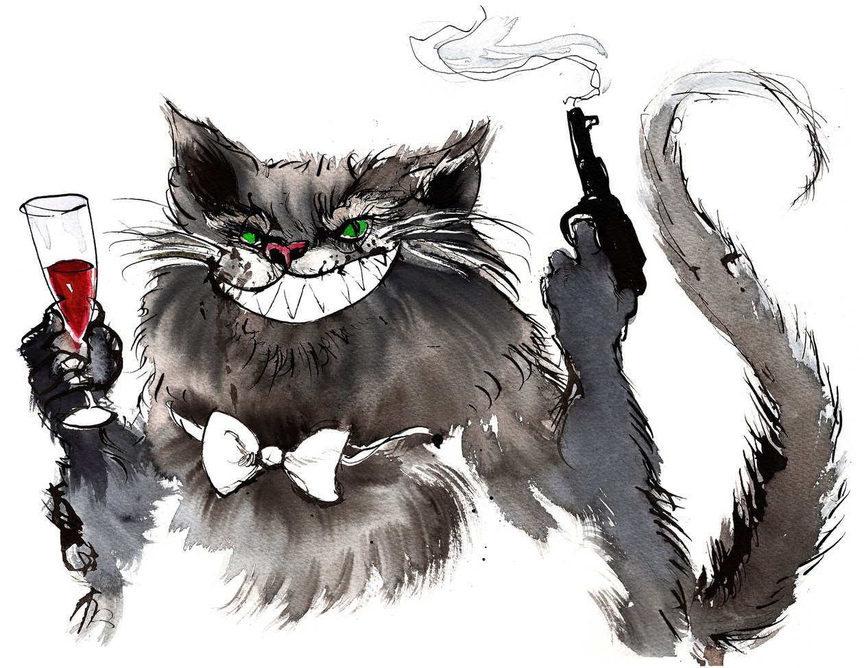 Behemoth mit Pistole, riesige Katzenfigur aus Der Meister und Margarita von Michail Bulgakow (russischer Dramatiker und Autor, 1891-1940); Tinte und Aquarell, 2015 von Neale Osborne