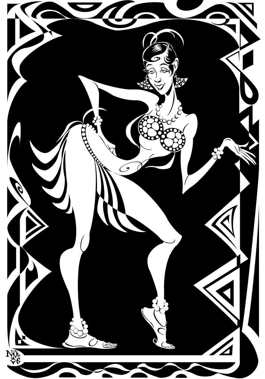 Josephine Baker, amerikanische Tänzerin und Sängerin (1906-75), Schwarzweiß-Karikatur mit Zickzack-Rand, 2006 von Neale Osborne von Neale Osborne