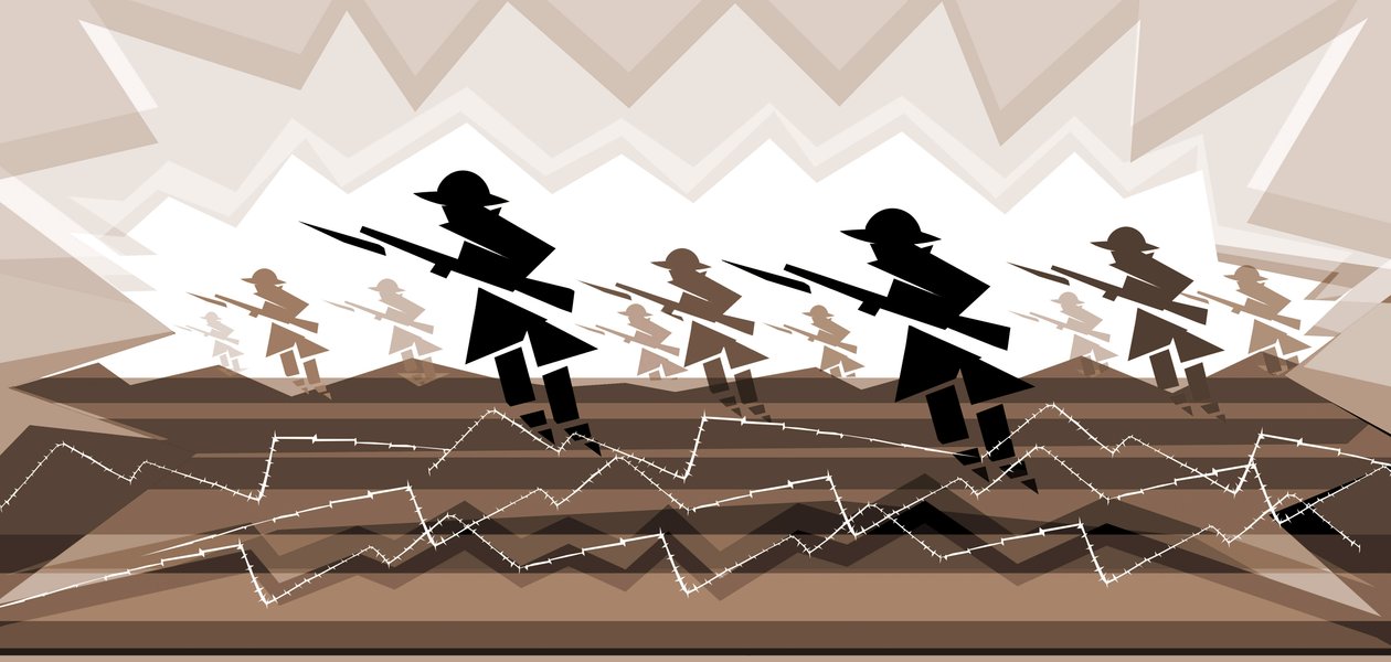 Soldaten des Ersten Weltkriegs mit Bajonetten - aus den Schützengräben auftauchend von Neale Osborne
