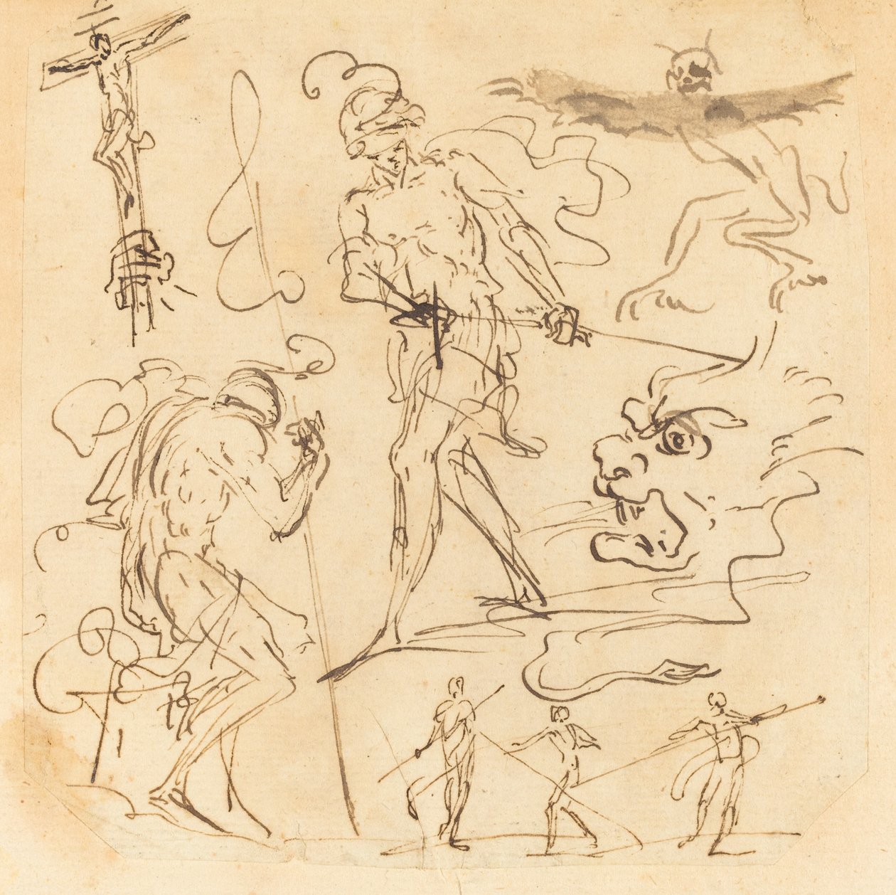 Blatt mit Studien eines Soldaten, der ein Schwert zieht, eines Kruzifixes, monströser Tiere und anderer Figuren von Neapolitan 17th Century