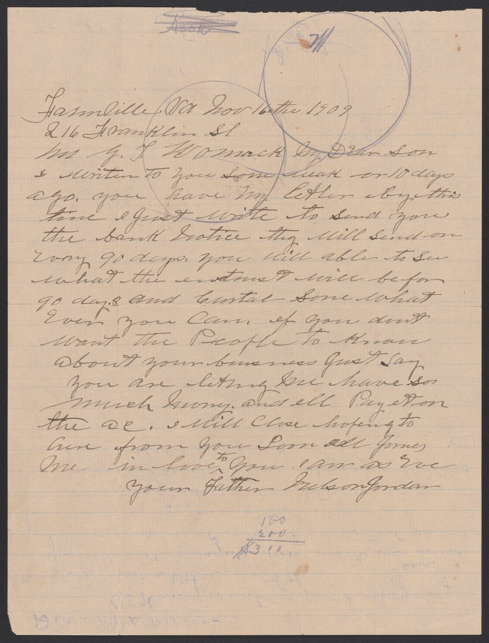 Brief von Nelson Jordan an Julia Womack mit einem Umschlag, 16. November 1909 von Nelson Jordan