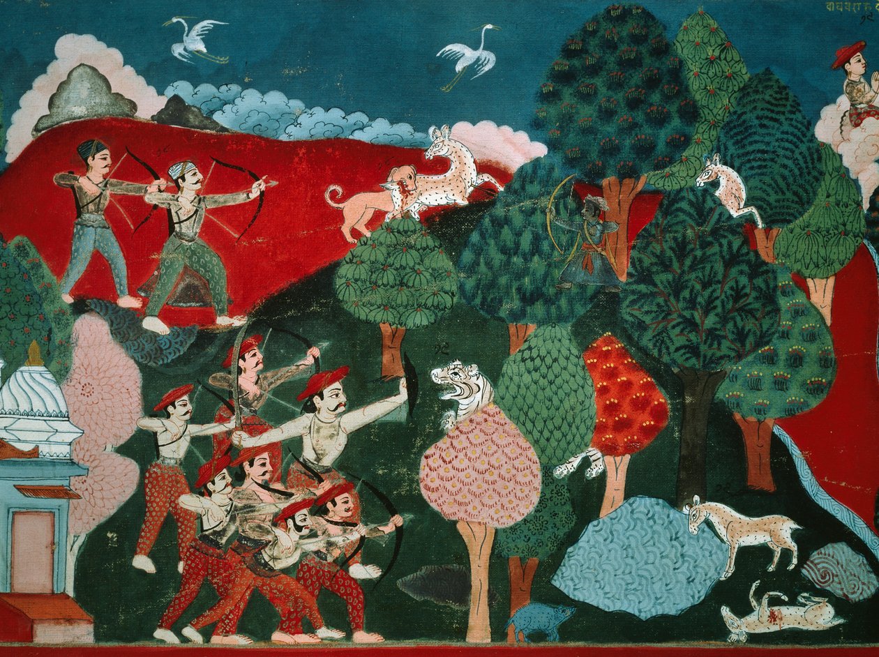 Ein König verbringt seine Tage damit, arme Gazellen ohne Grund zu töten, später, in einem anderen Leben, ist er eine Gazelle und wird von einem Jäger getötet, Detail aus dem Swayambhu Purana, einem wichtigen buddhistischen heiligen Text in Nepal von Nepalese School