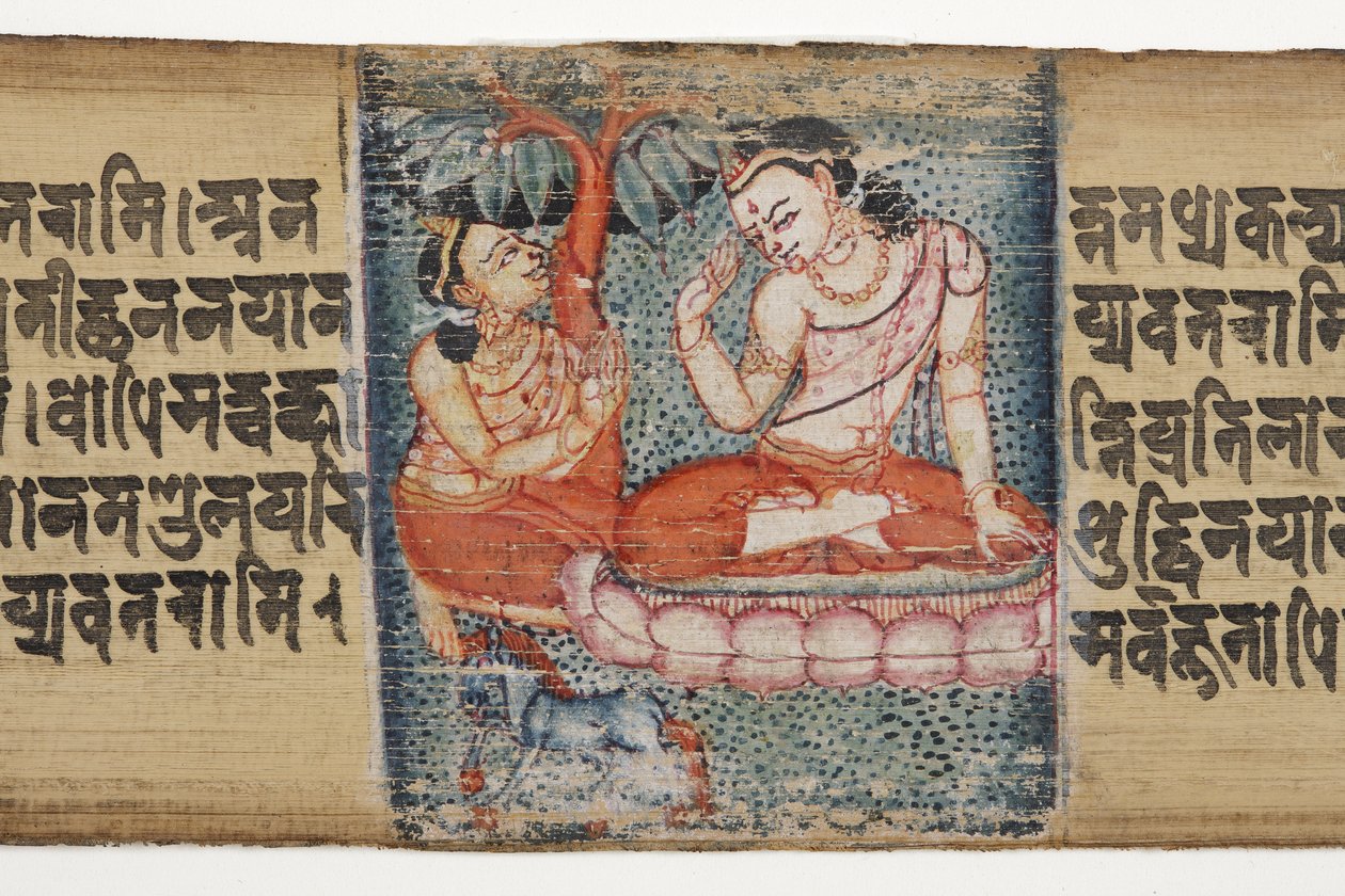 Sudhana kniet vor einem Bodhisattva, aus dem Gandavyuha von Nepalese School