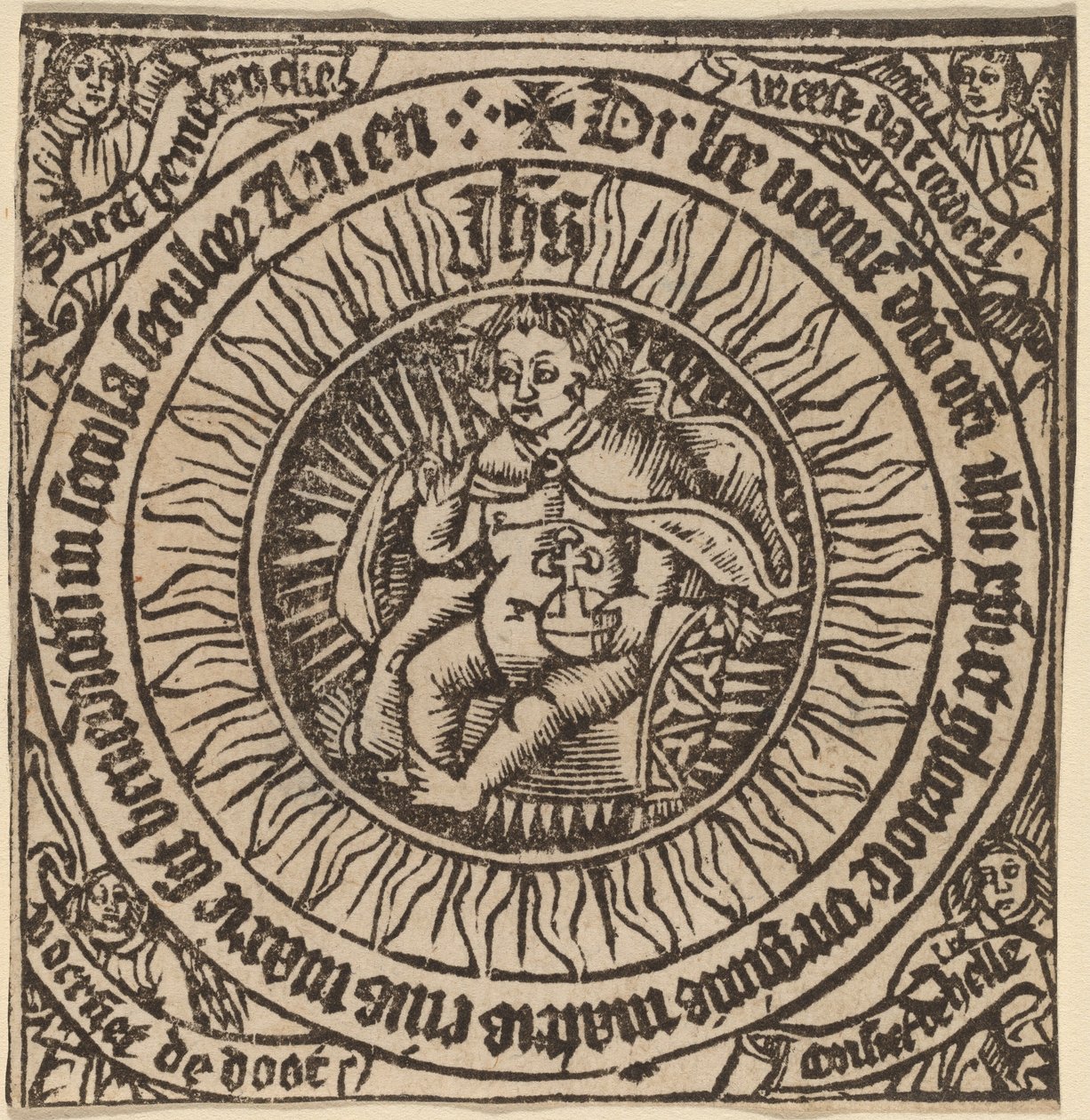 Göttliches Kind mit der Weltkugel in einem Kreis mit vier Engeln von Netherlandish 15th Century