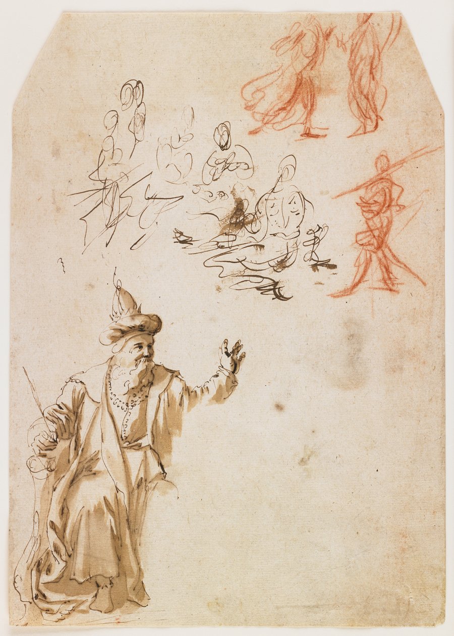 Studie eines alttestamentlichen Propheten und andere Figurenstudien (recto); Studie einer männlichen Figur mit einem Seil (verso) von Netherlandish School