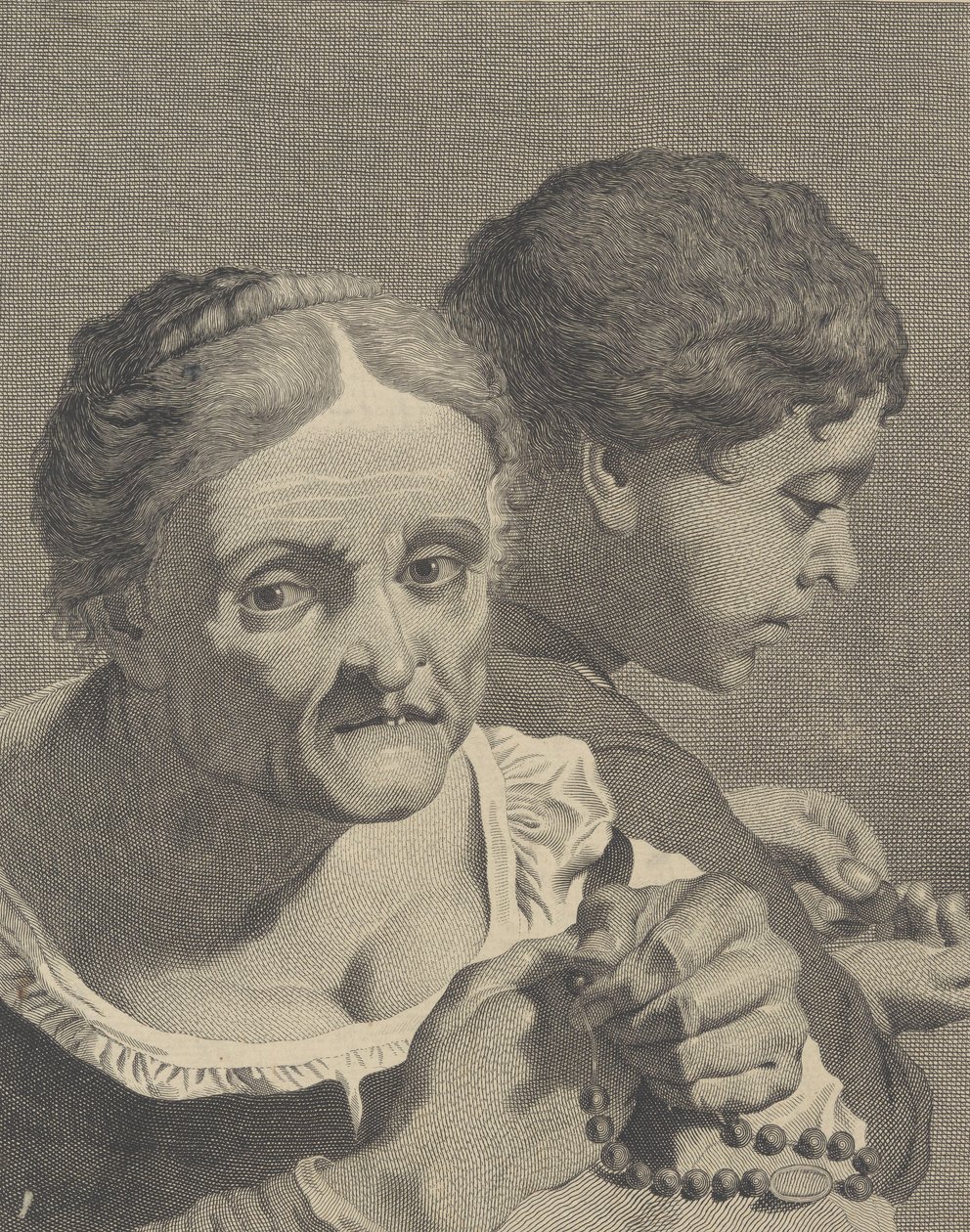 Kopie in umgekehrter Richtung einer alten Frau mit einem Rosenkranz und einem Jungen, der Münzen zählt, Platte 10 von Niccolò Cavalli