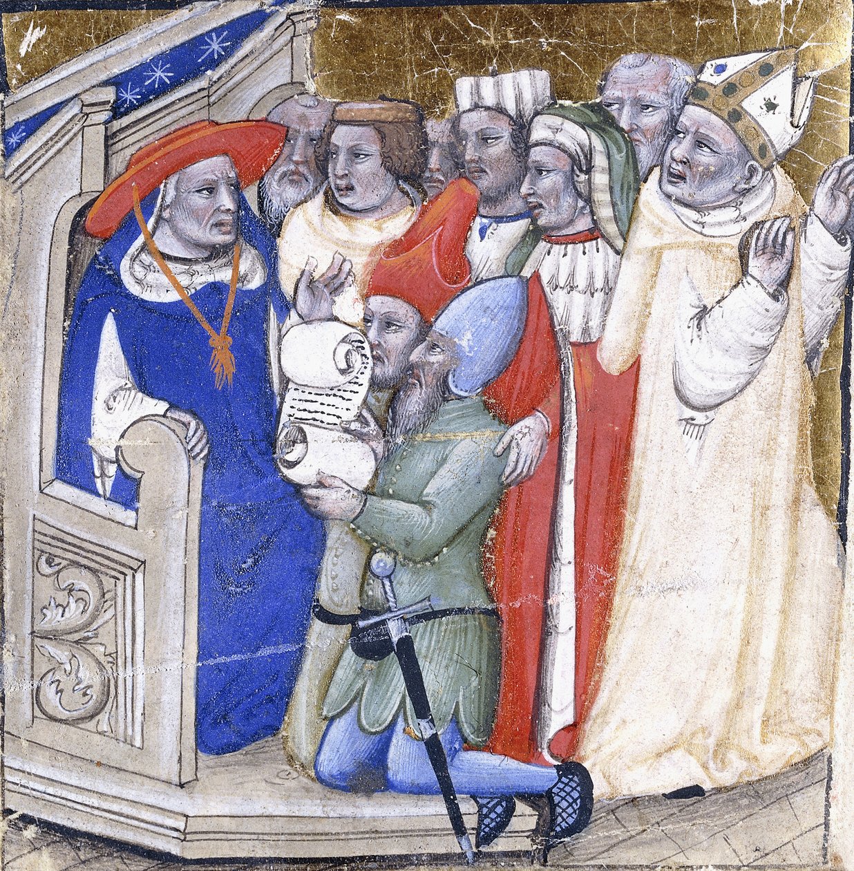 Ein Kardinal, der über einen Bischof urteilt, angeklagt von zwei Laien, um 1380 von Niccolo di Giacomo