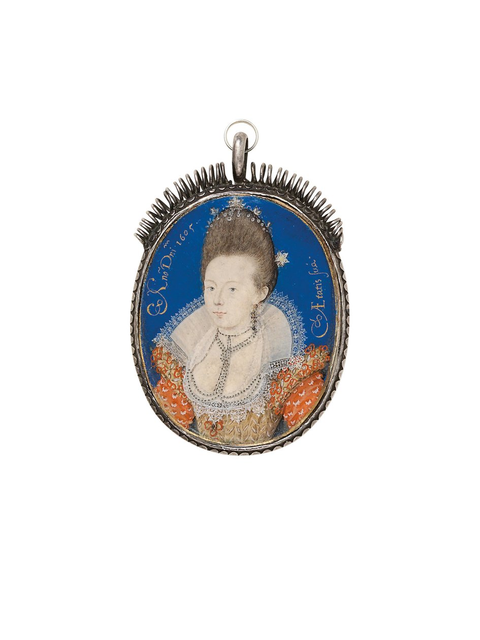 Eine Dame im goldenen Kleid mit hohem Kragen, 1605 von Nicholas Hilliard