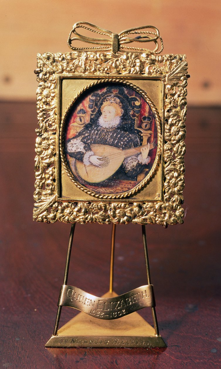 Königin Elisabeth I spielt Laute (Miniatur mit Messingständer) von Nicholas Hilliard