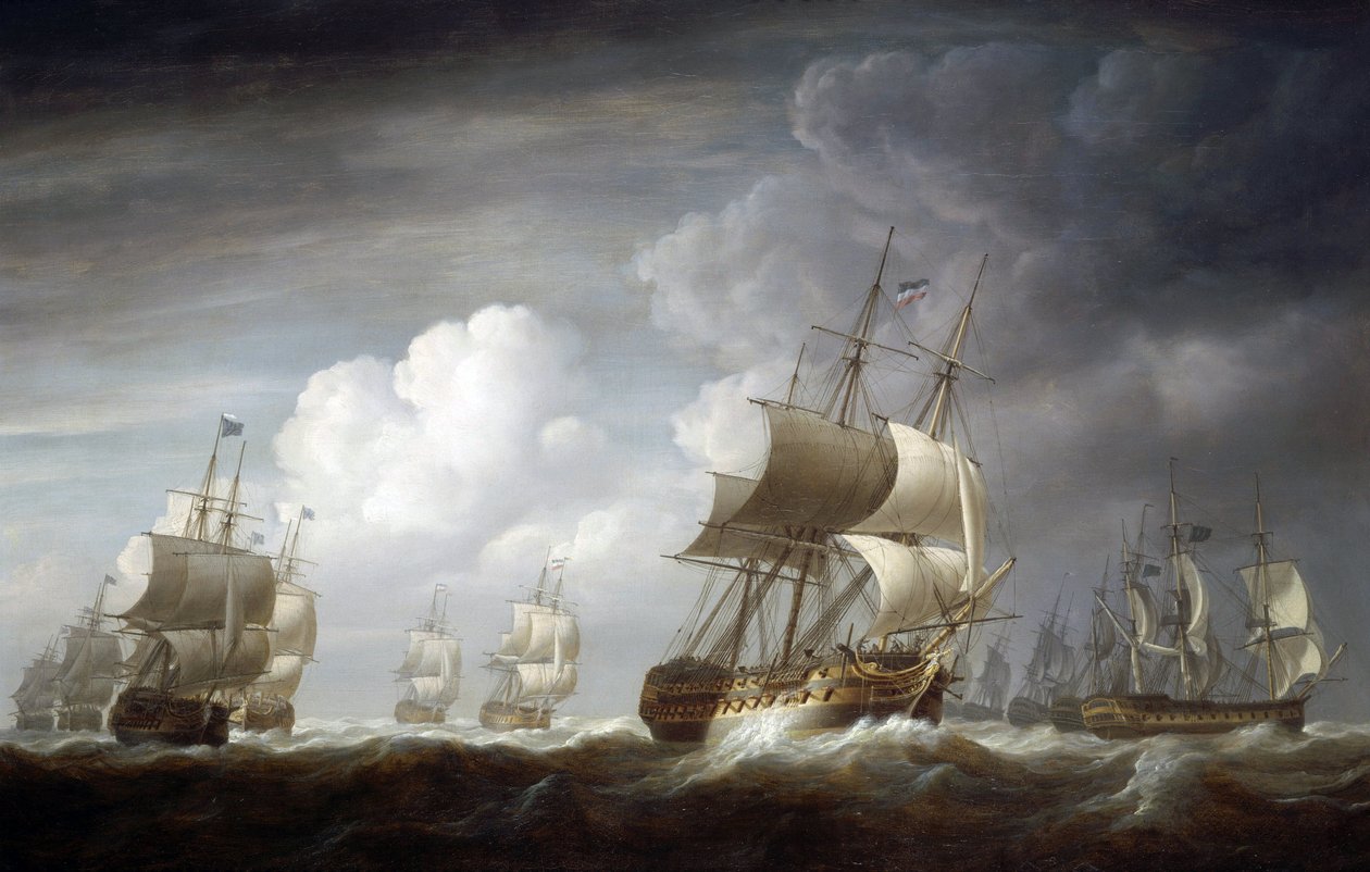 Eine Flotte von Indiaman-Schiffen, britische Schiffe der Ostindien-Handelsgesellschaft. Öl auf Leinwand von Nicholas Pocock