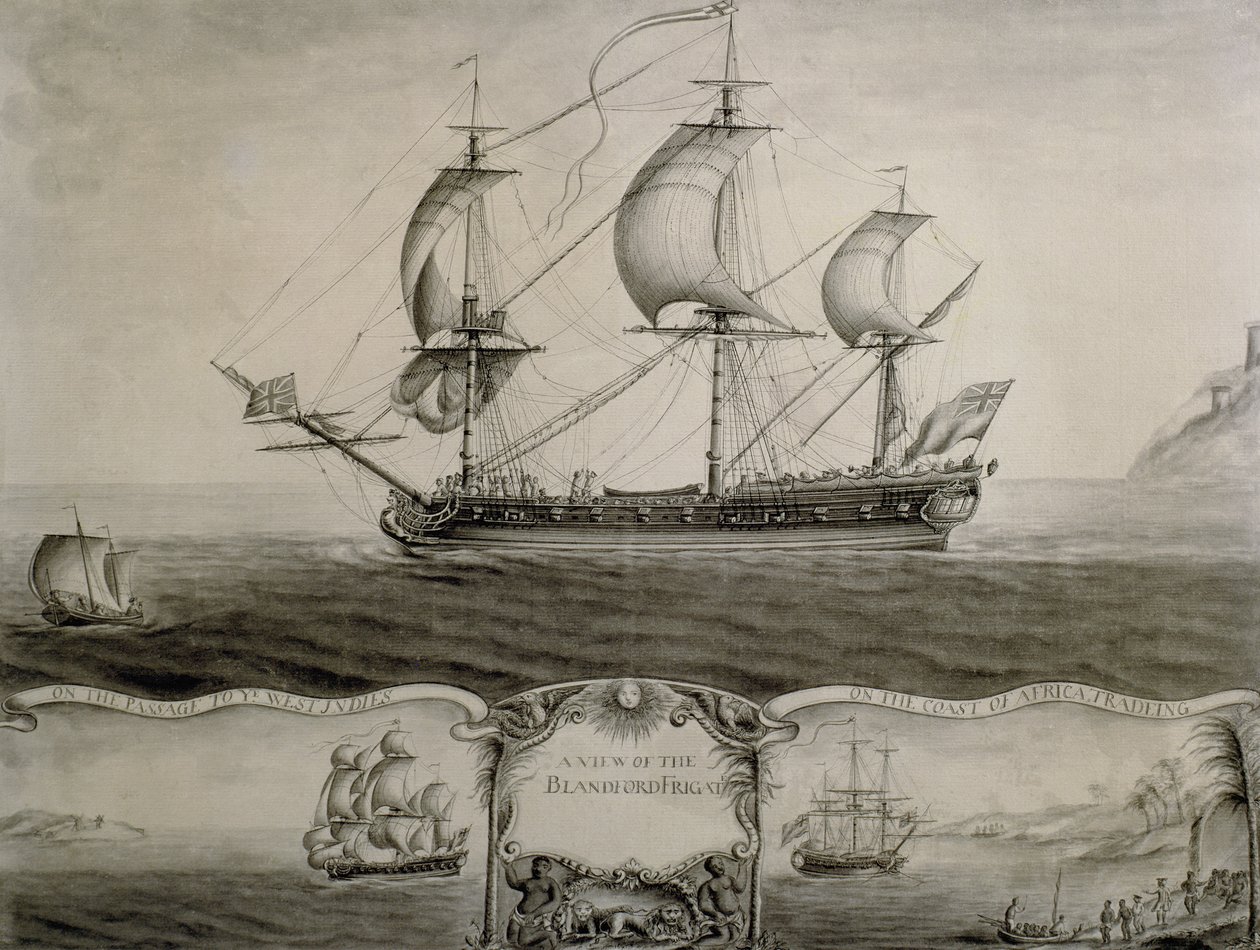 Ansichten der Blandford-Fregatte auf der Passage zu den Westindischen Inseln und Handel an der Küste Afrikas, um 1760 von Nicholas Pocock