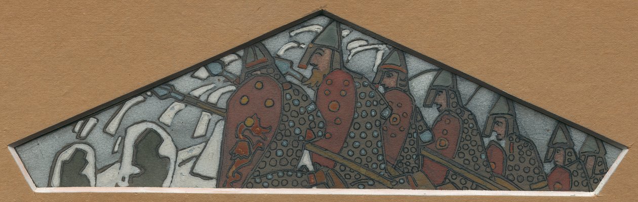 Skizze für die rechteckige Dreiecksdekoration des Majolika-Frieses "Nordisches Leben", 1905 von Nicholas Roerich