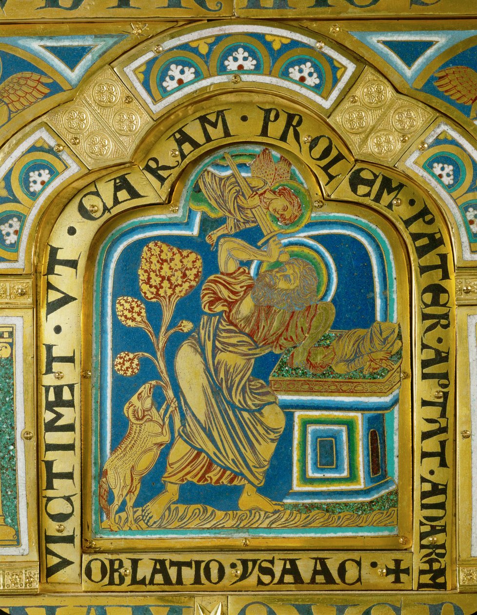 Der Engel verhindert, dass Abraham Isaak opfert, und zeigt auf den Widder von Nicholas of Verdun