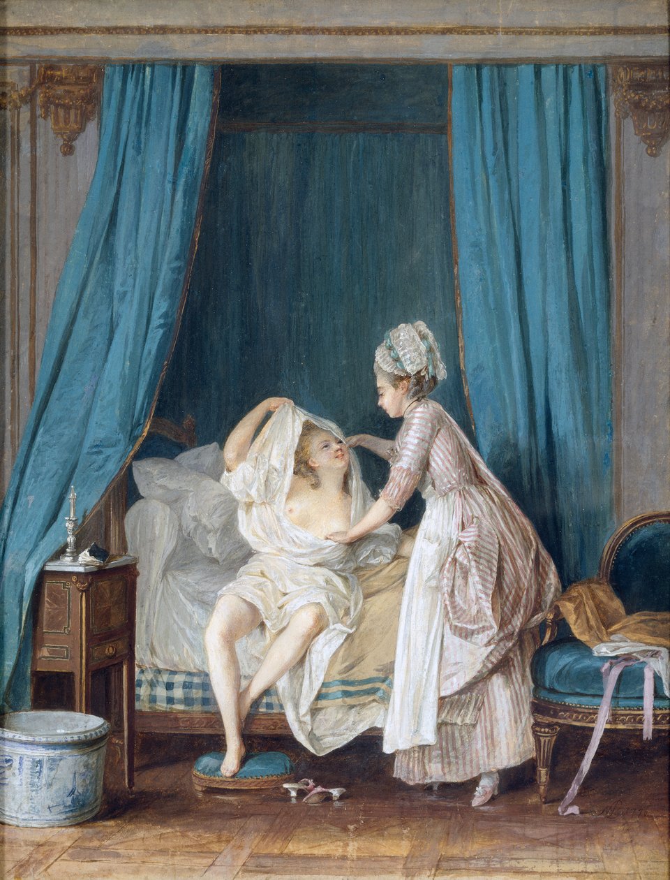 Dame steigt aus dem Bett, 1776 von Niclas II Lafrensen