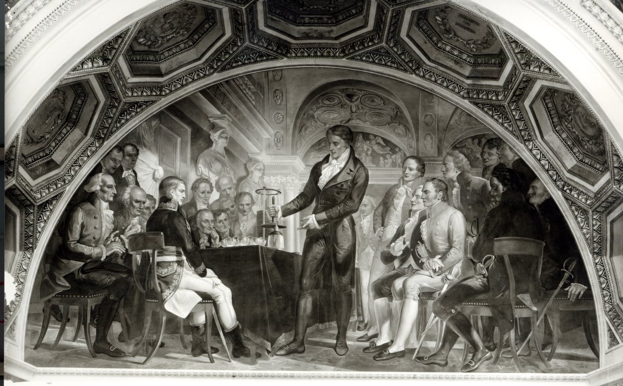 Der Prozess gegen Galileo (1564-1642). Alessandro Volta (1745-1827) präsentiert Napoleon (1769-1821) seine Experimente mit einer elektrischen Batterie von Nicola Cianfanelli