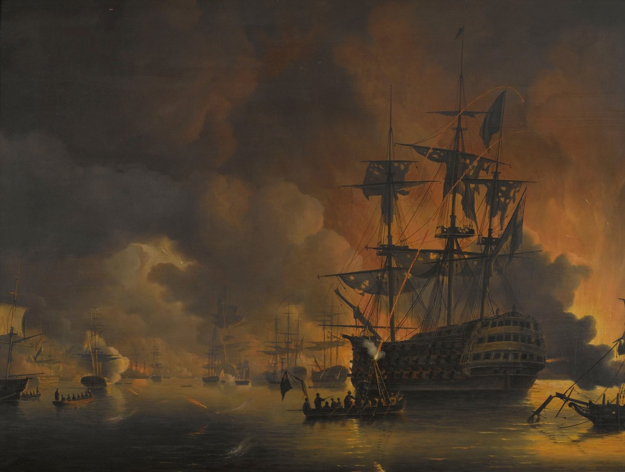 Das Feuer auf den Werften von Algier, kurz nach Beginn des Bombardements durch die anglo-niederländische Flotte, 27. August 1816 (Serientitel) von Nicolaas Baur