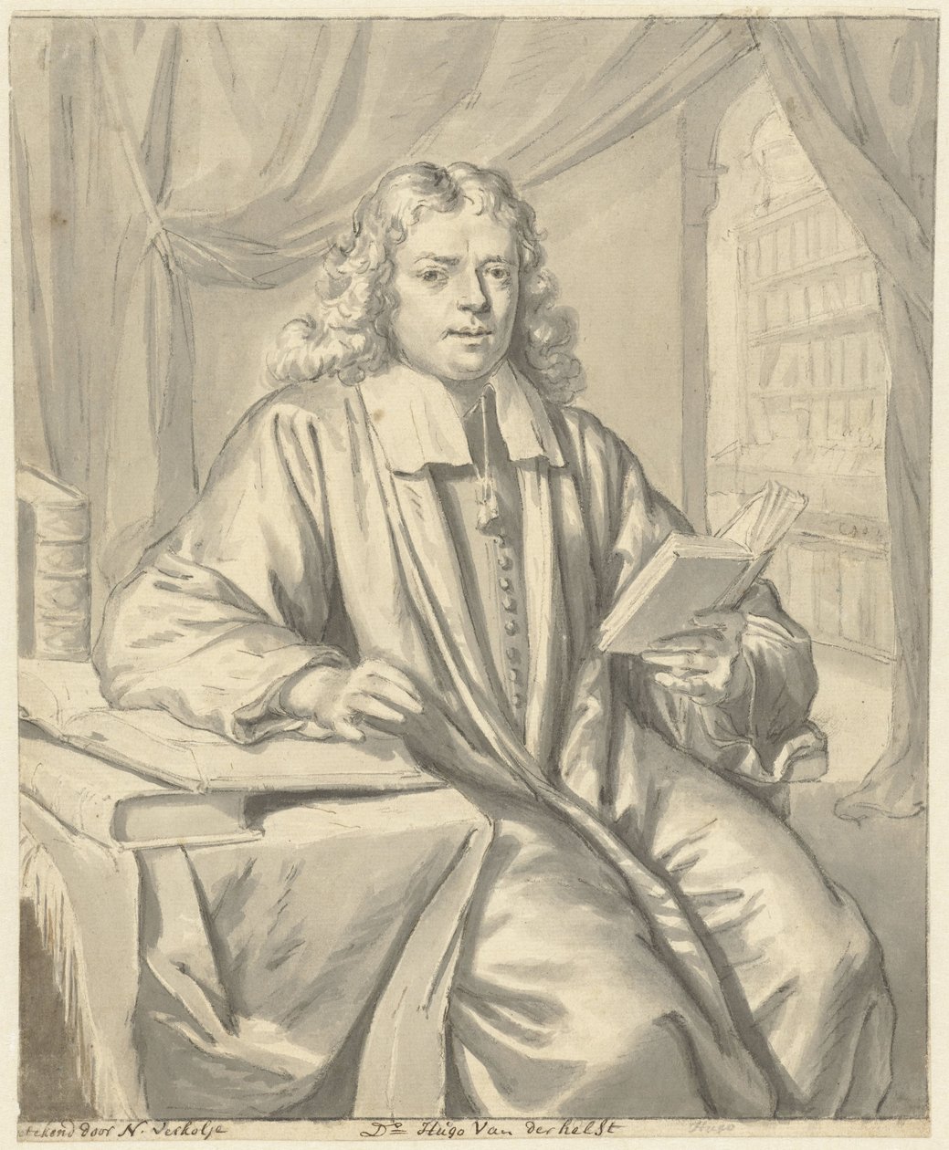 Porträt von Dr. Hugo van der Helst in einem Studierzimmer von Nicolaas Verkolje