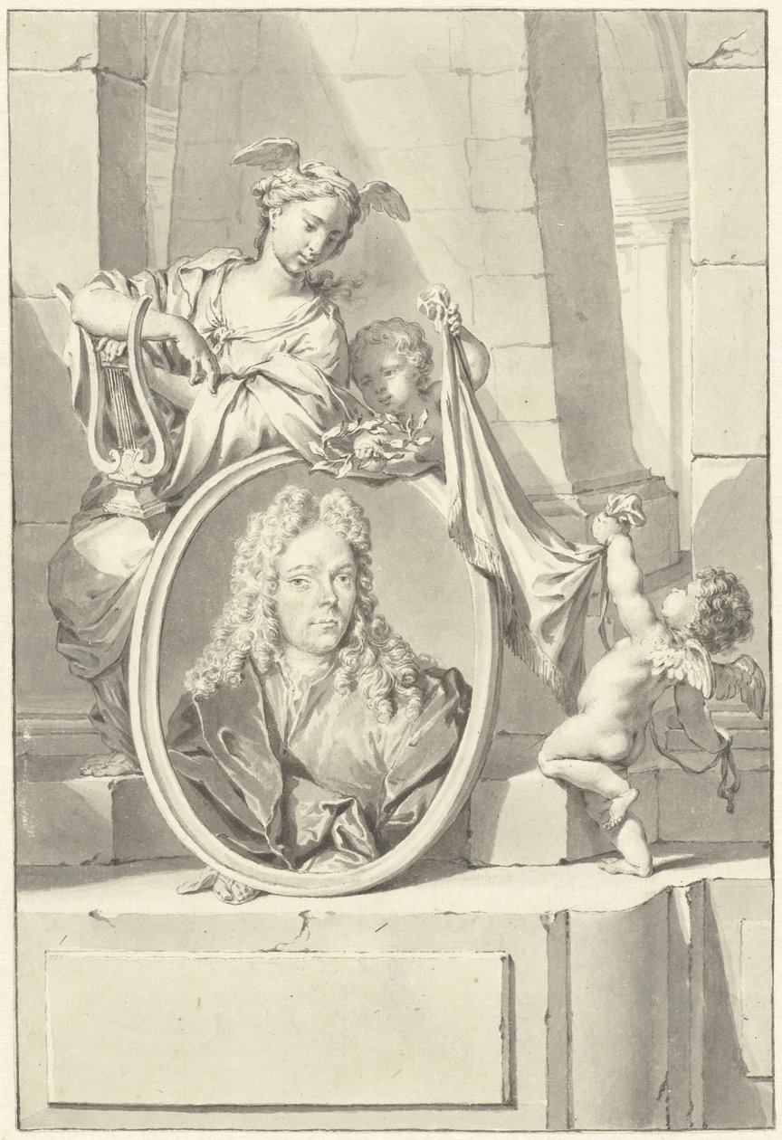 Putti und eine Frau bei einem Medaillon mit dem Porträt von Arnold Houbraken von Nicolaas Verkolje