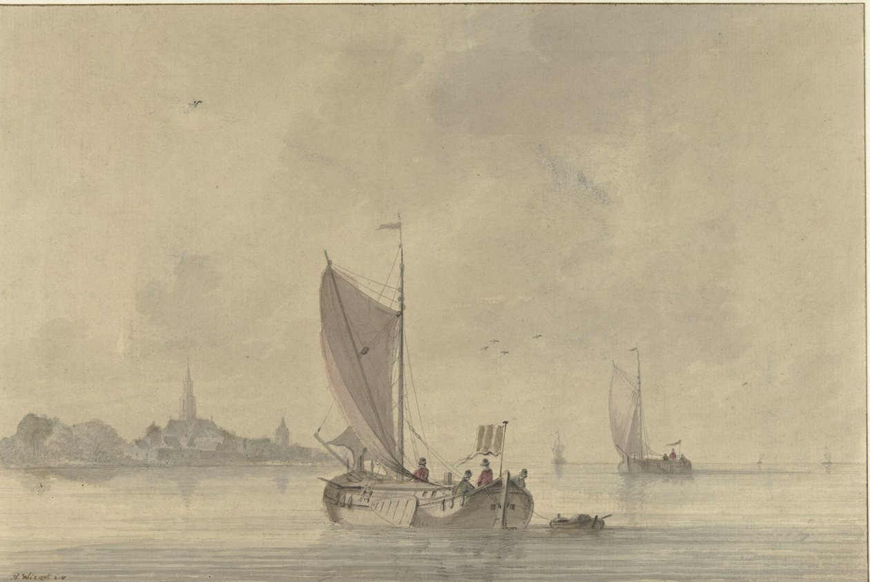 Segelboote auf dem Wasser vor einer holländischen Stadt von Nicolaas Wicart