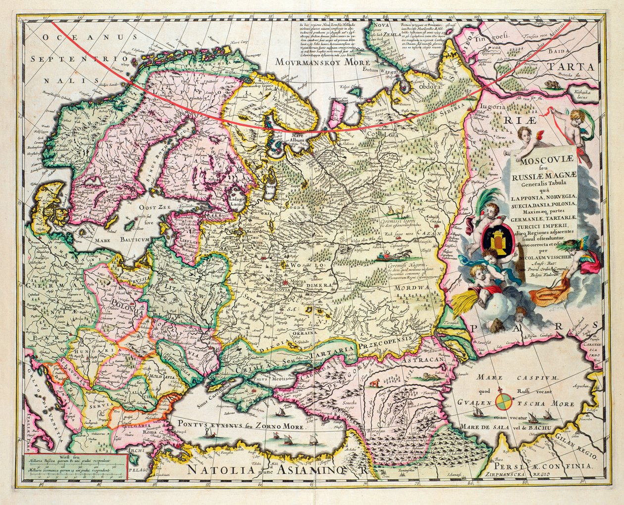 Karte von Kleinasien mit Norwegen, Schweden, Dänemark, Lappland, Polen, Türkei, Russland und der Moskauer Region, ca. 1626 von Nicolaes Jansz Visscher