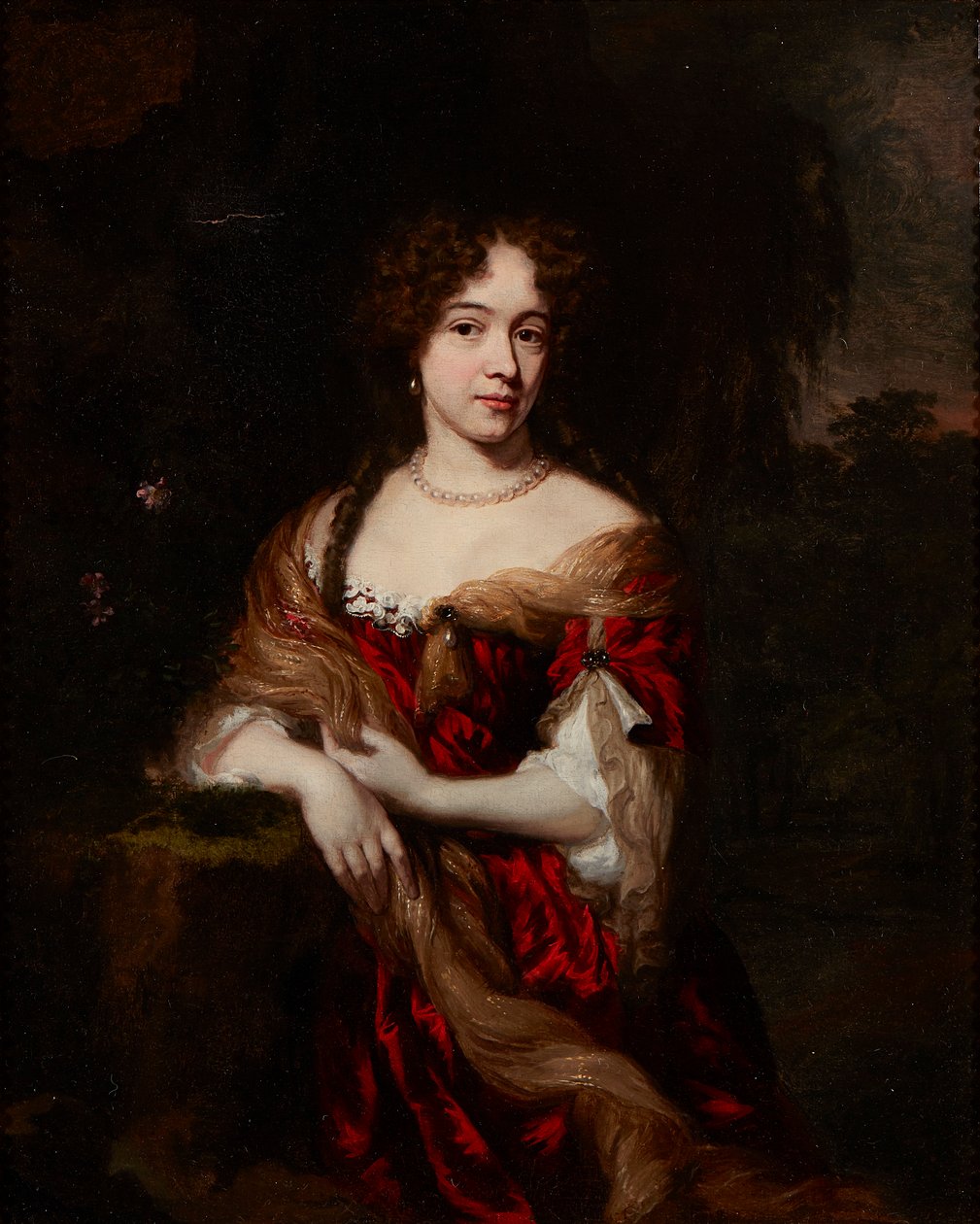Dreiviertelporträt einer Dame in einem roten Kleid von Nicolaes (follower of) Maes