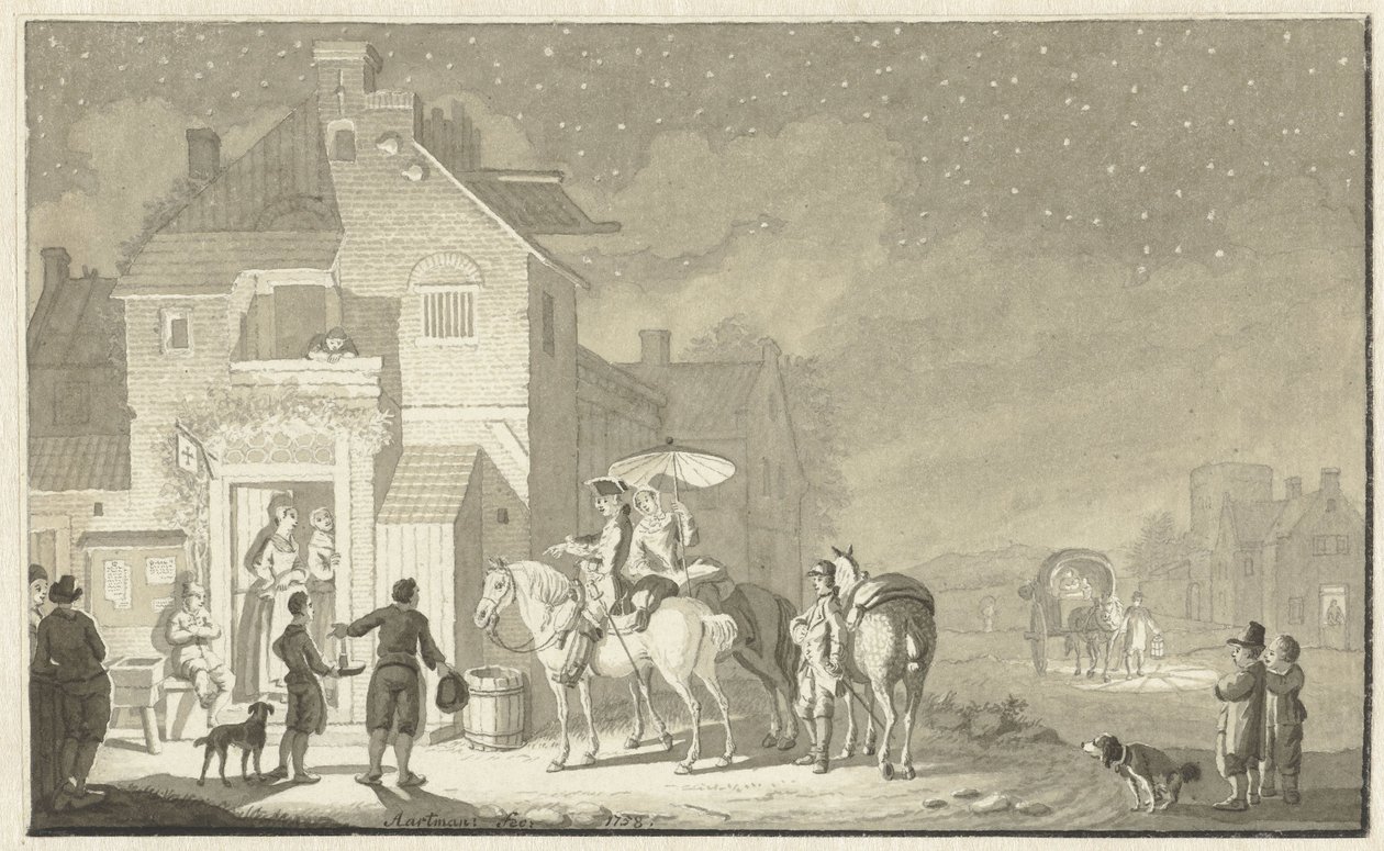 Reisegesellschaft vor einem Gasthaus am Abend von Nicolaes Aartman