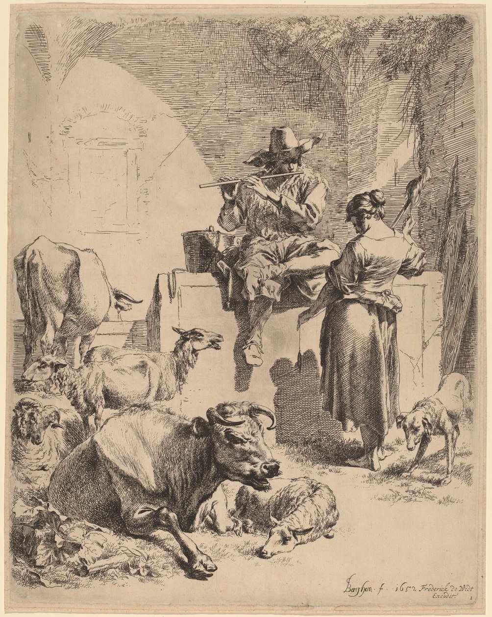 Der Hirte, der auf einem Brunnen sitzt, und die Spinnerin von Nicolaes Berchem
