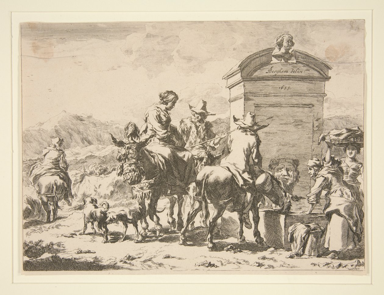 Ohne Titel - Genreszene mit Menschen auf Eseln und einem Grabstein von Nicolaes Berchem