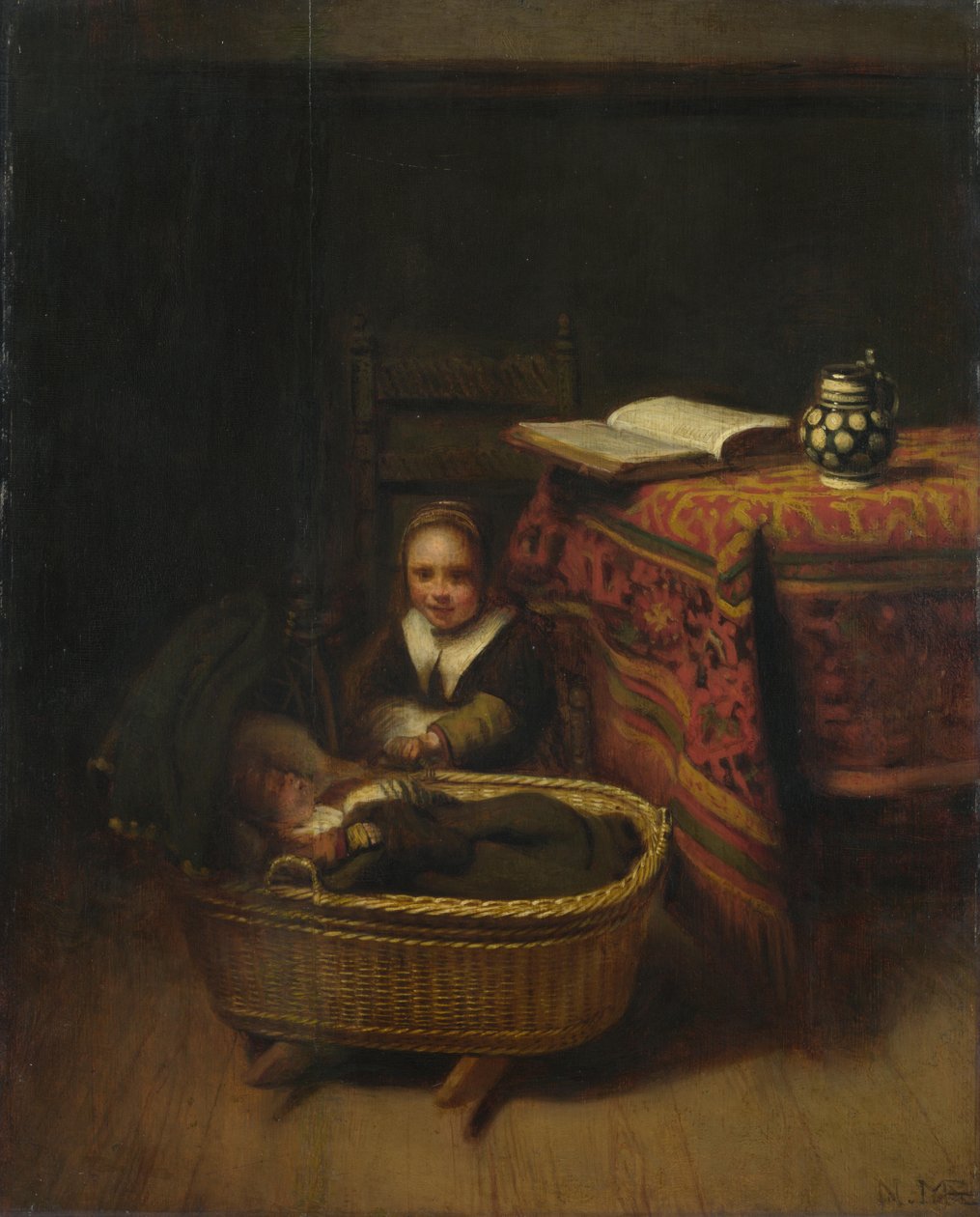 Ein kleines Mädchen wiegt eine Wiege, ca. 1655 von Nicolaes Maes