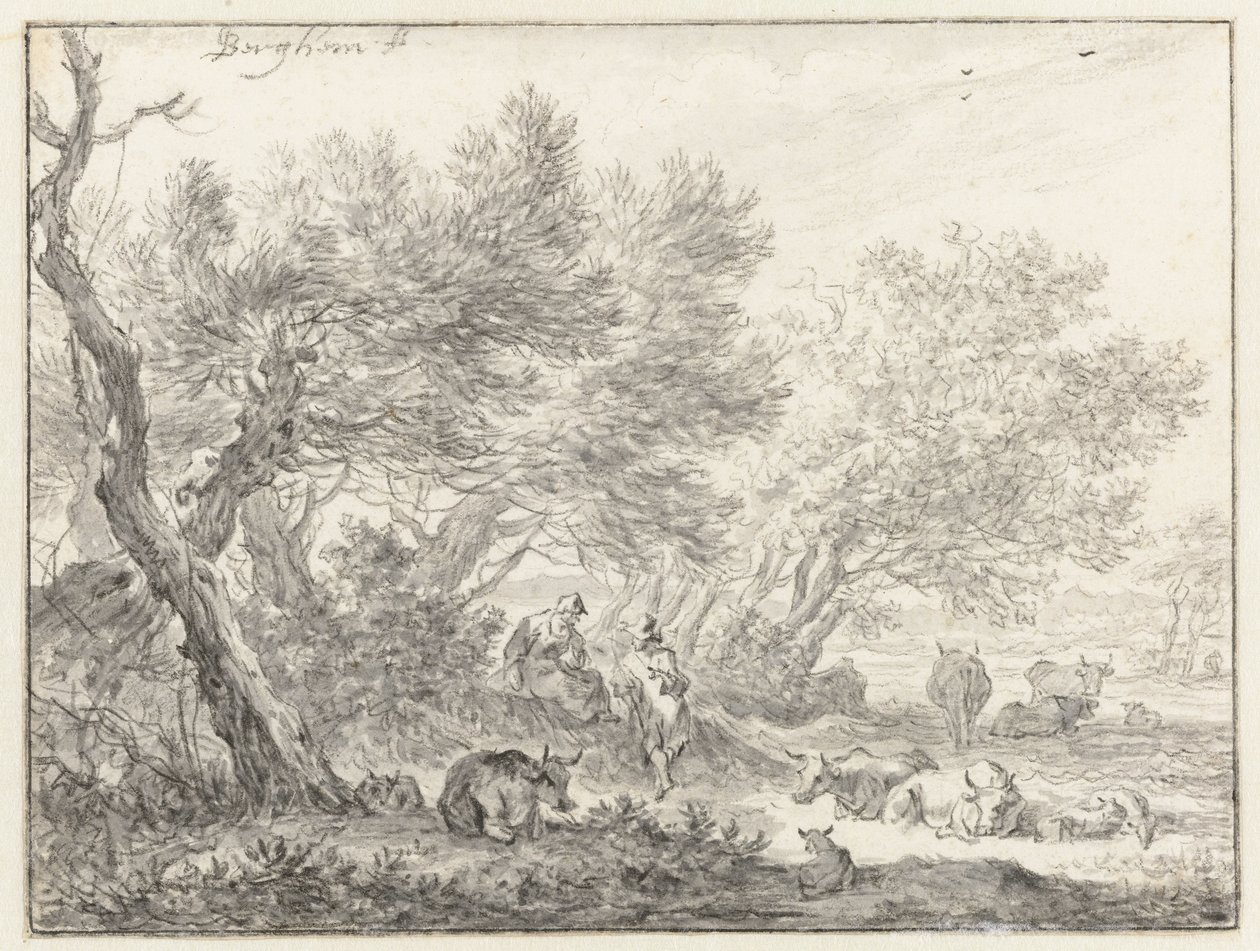 Hirten und Vieh bei einer Baumgruppe von Nicolaes Pietersz Berchem