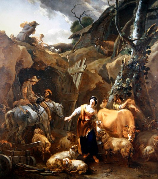 Bauern in einer felsigen Landschaft vor einer Mine von Nicolaes Pietersz. Berchem