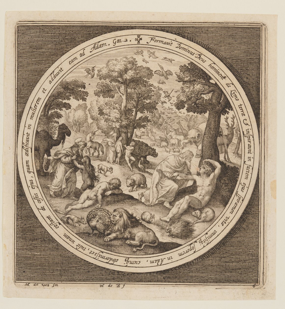 Sechster Tag: Die Erschaffung der Tiere, Adam und Eva, aus Die Schöpfung bis zur Vertreibung aus dem Paradies von Nicolaes de Bruyn