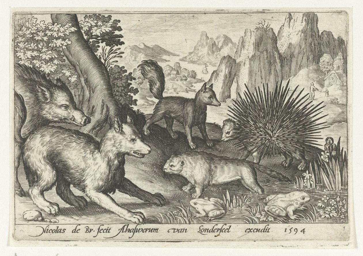 Wildschwein, Füchse, Biber, Stachelschwein und Frösche von Nicolaes de Bruyn