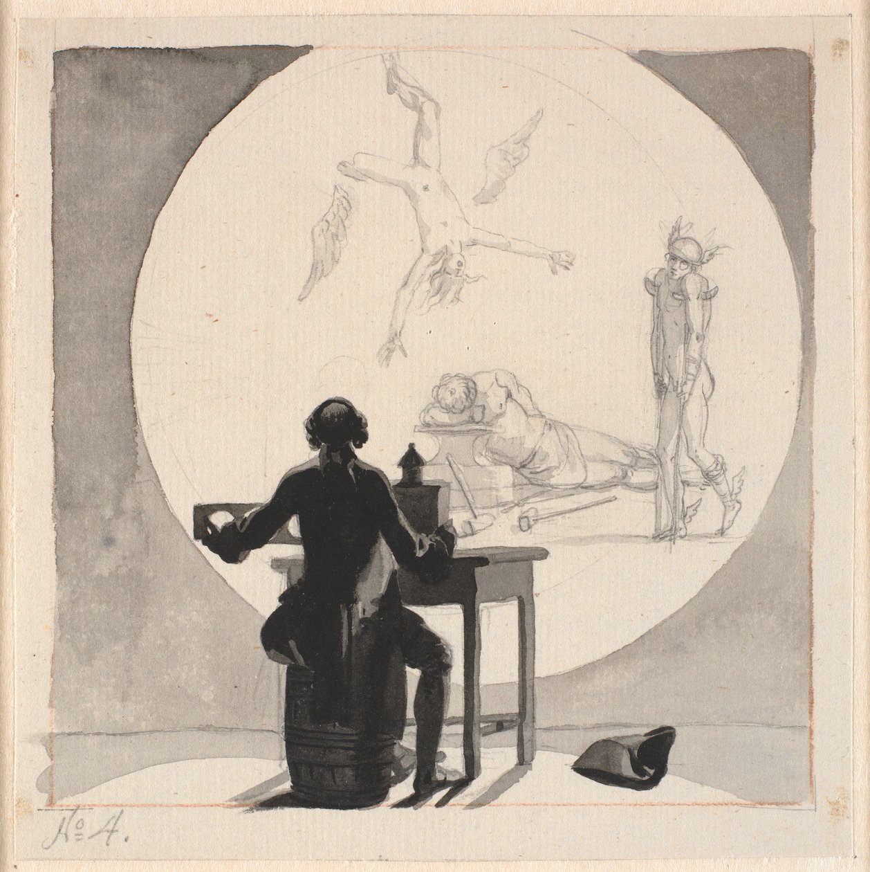 Ein Mann mit einer Laterna Magica zeigt ein Bild vom Verfall des Handels und Handwerks - der hinkende Merkur, der schlafende Vulkan usw. von Nicolai Abildgaard