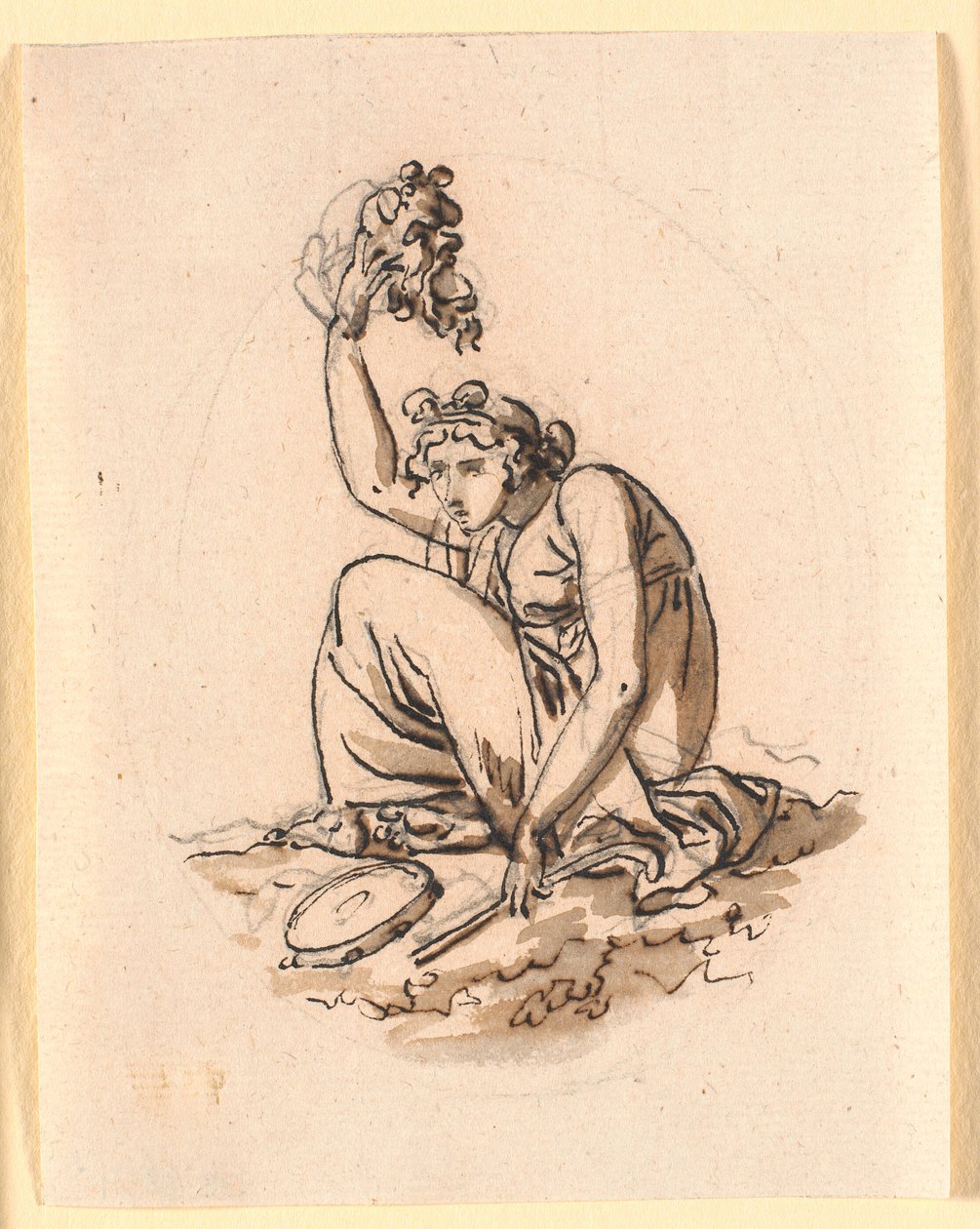 Eine sitzende Frau, die eine Maske hoch über ihren Kopf hebt von Nicolai Abildgaard