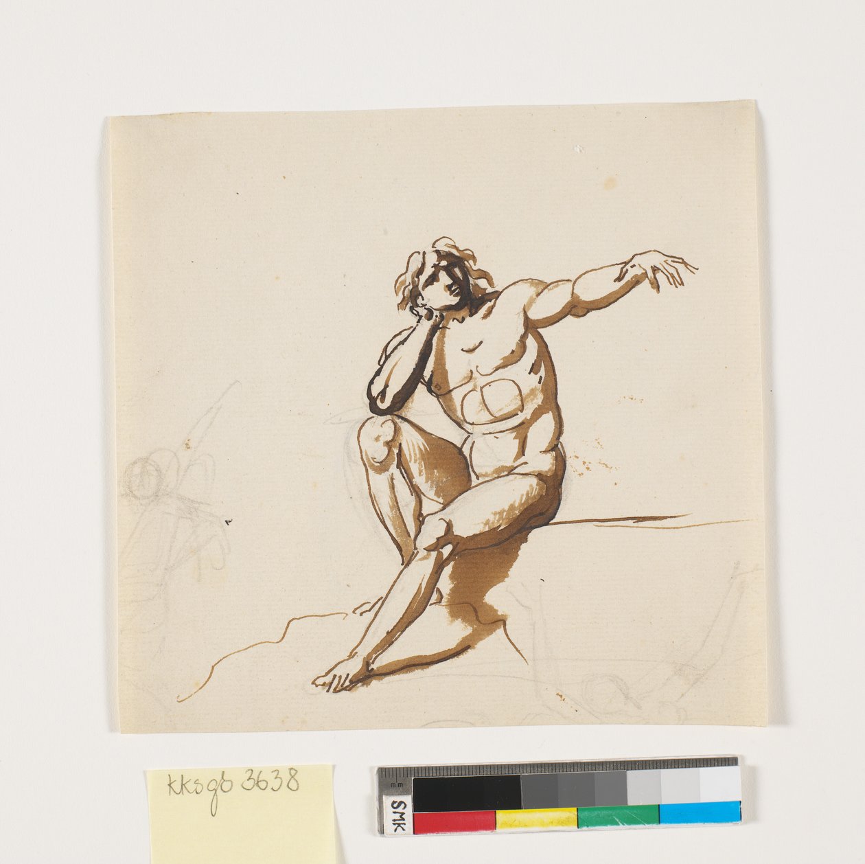 Ein sitzender nackter Mann mit ausgestrecktem linken Arm von Nicolai Abildgaard
