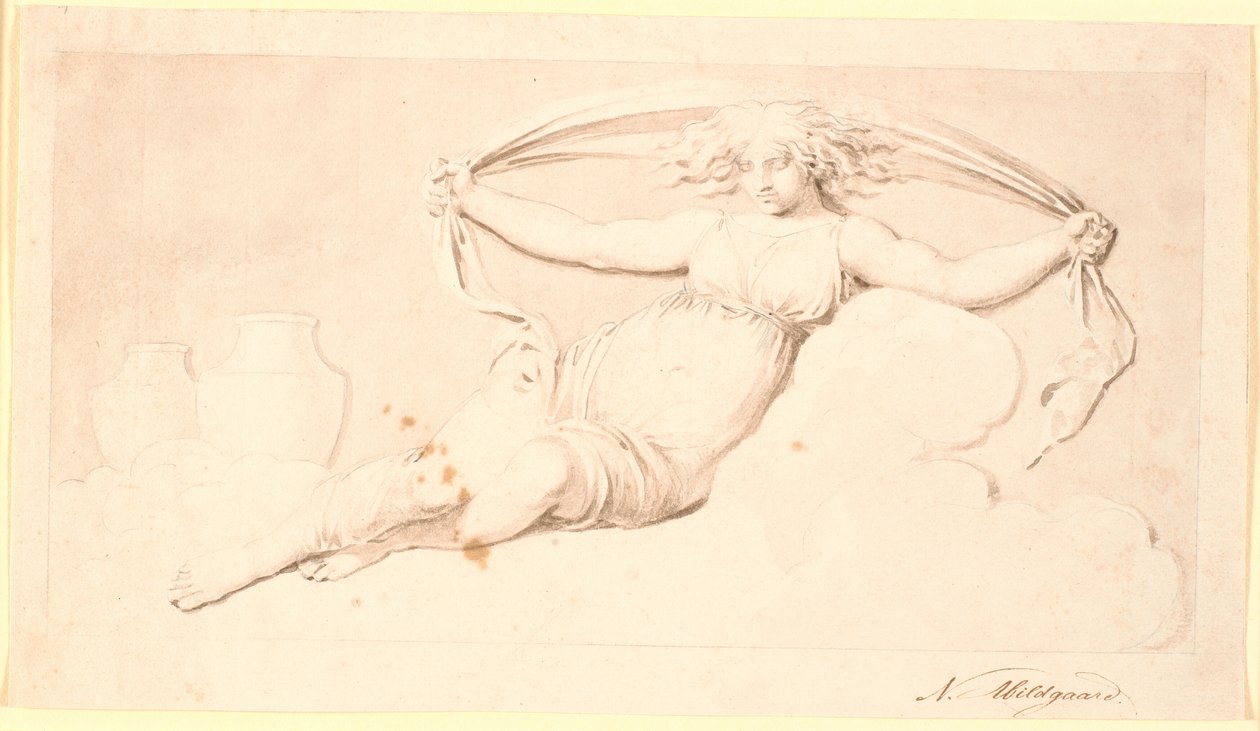 Die Nacht, eine ruhende Frauenfigur. Ausgeführt als Grisaille. Gleiche Komposition wie Td 542,38 jedoch ohne Flügel und mit offenem Haar von Nicolai Abildgaard