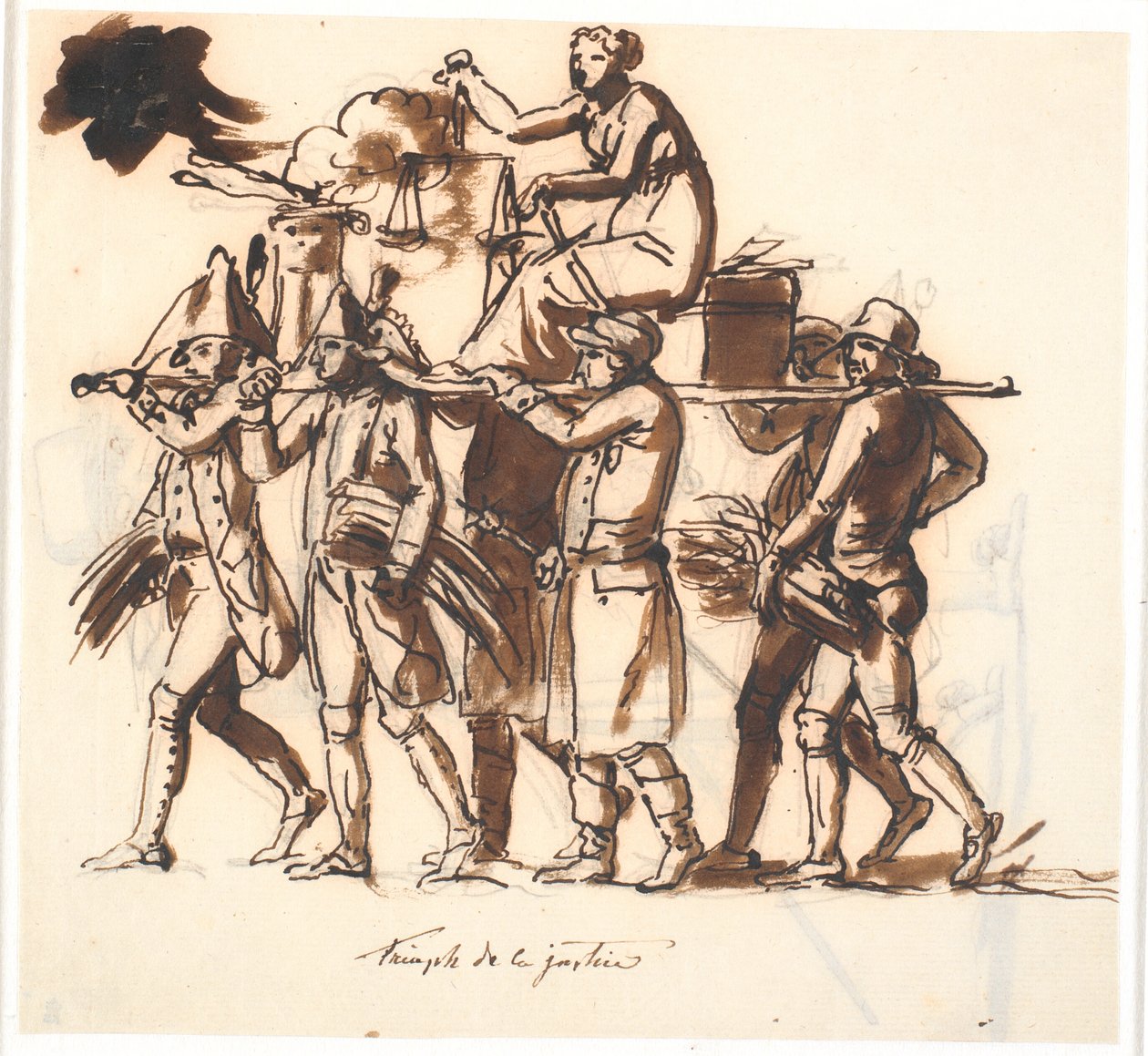 Triumph der Gerechtigkeit. Sechs Männer tragen eine Bahre, auf der die weibliche Figur der Gerechtigkeit mit der Waagschale sitzt von Nicolai Abildgaard