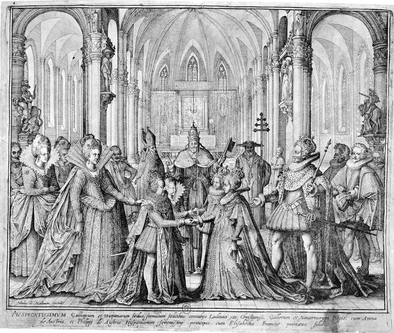 Die Doppelhochzeit von 1615 von Ludwig XIII. (1601-43) mit Anna von Österreich (1601-66) und Philipp von Österreich (1605-65), dem zukünftigen Philipp IV. von Spanien, mit Elisabeth von Frankreich (1602-44) von Nicolas de Mathoniere