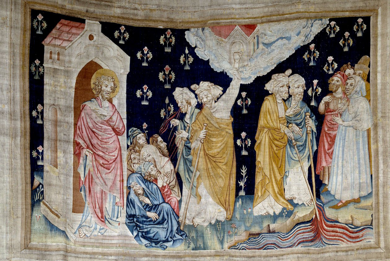 Hängung der Offenbarung (1373-1383), Nr. 28: das Wunder. Treue Diener Gottes und Propheten betrachten den in Blut verwandelten Fluss. Tapisserie von Nicolas Bataille (1330-1405) von Nicolas Bataille